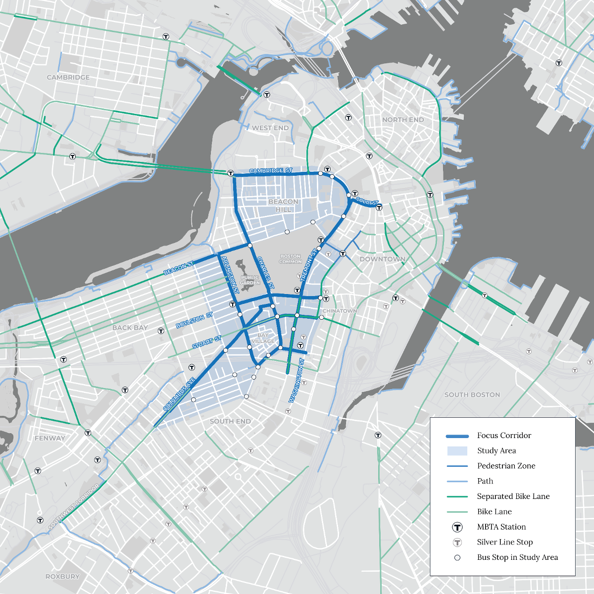A map shows the study area of the Connect Downtown project. Focus corridors include Arlington Street, Beacon Street, Boylston Street, Cambridge Street, Charles Street, Charles Street South, Court Street, Columbus Avenue, Stuart Street, and Tremont Street.