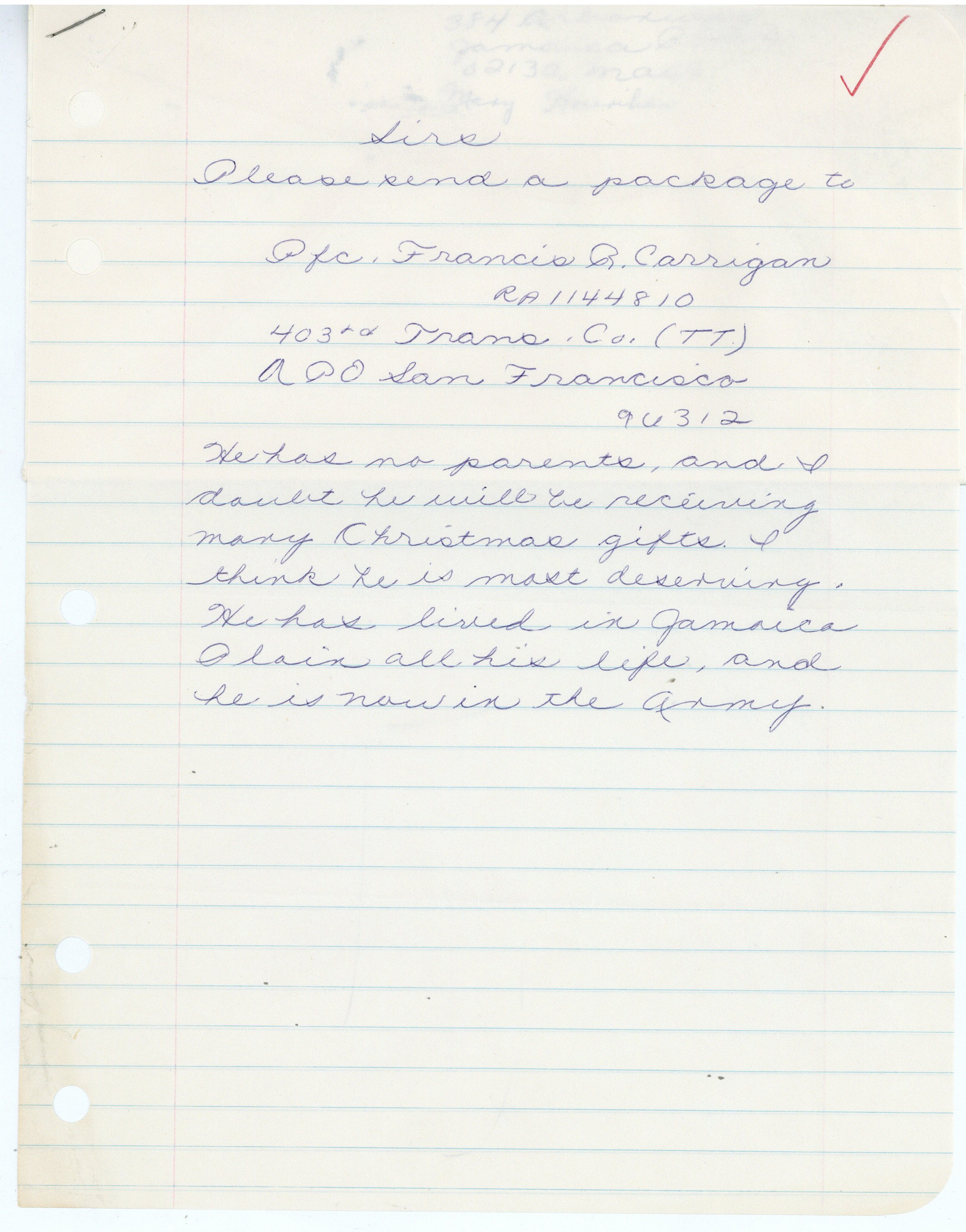 Image for letter requesting package for francis carrigan, box 235, mayor john collins records