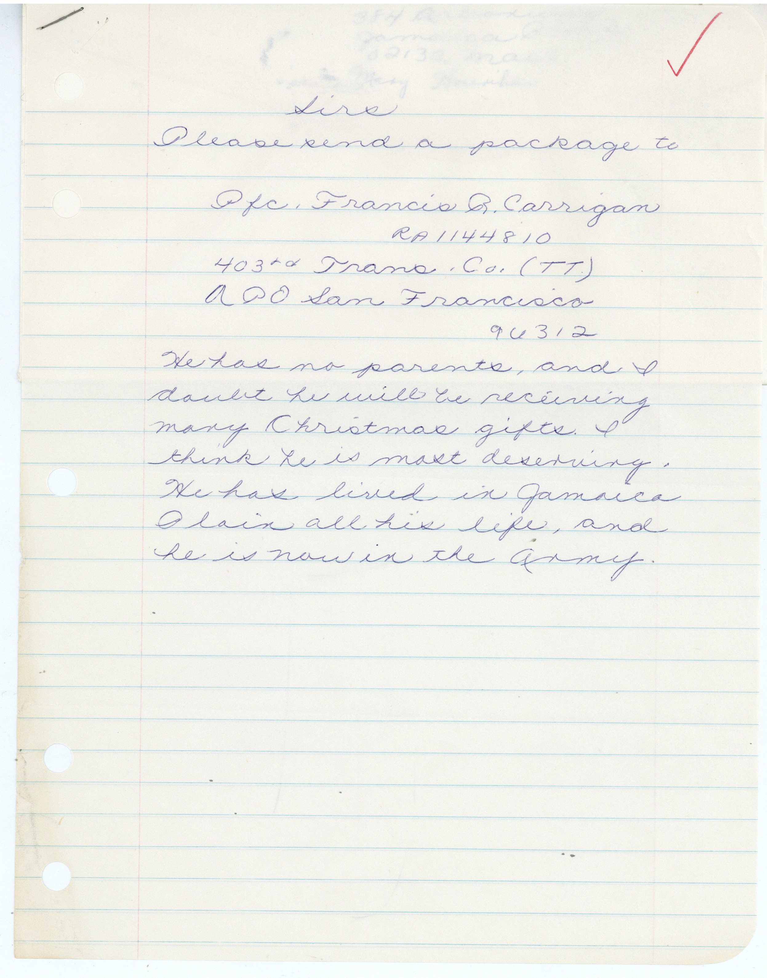 Image for letter requesting package for francis carrigan, box 235, mayor john collins records