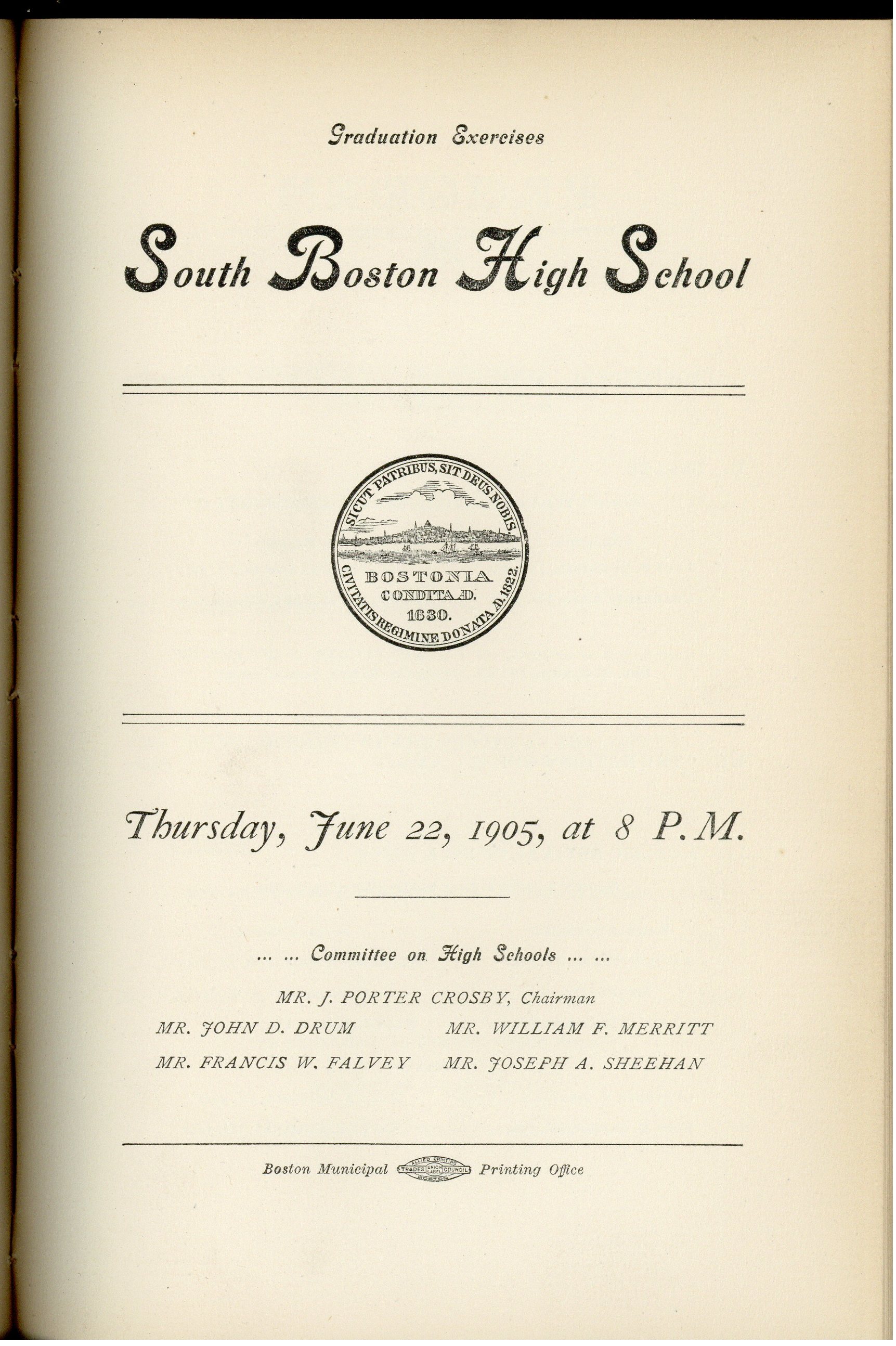 Image for south boston graduation exercises, 1905, graduation programs, collection 0400 004, boston city archives