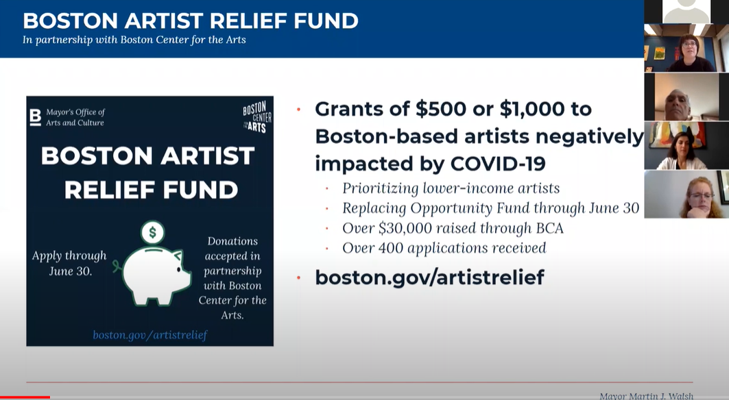 Photo of presentation on Boston Artist Relief Fund given during weekly Arts & Culture COVID-19 calls