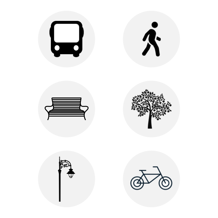 icons depicting a bus, pedestrian, bench, tree, streetlight, and bike