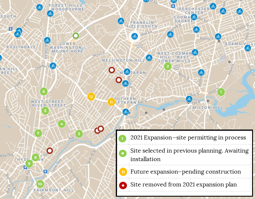 A map shows the existing Bluebikes stations with blue dots, the 10 new stations planned for this year as green dots with numbers; and two additional sites pending construction with numbered yellow dots. 