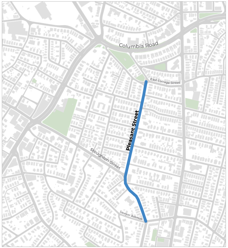 The map shows parts of Dorchester. Streets are represented in gray. One street is highlighted with a thicker blue line and labeled Pleasant Street.