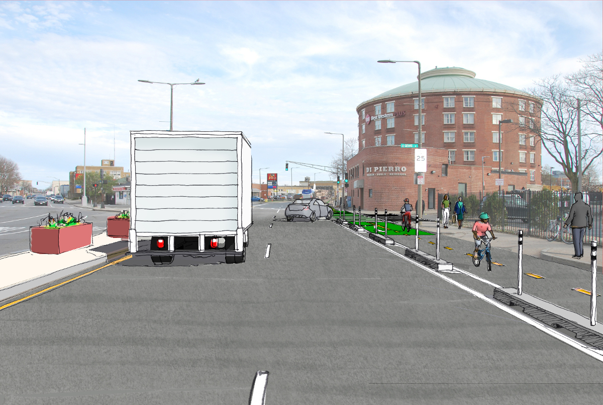 A sketch of the proposed two-way bicycle facility on Massachusetts Avenue south of Melnea Cass. The sketch shows two travel lanes heading away from us, with a truck in the left lane. People are riding bikes in both directions in a bike lane along the right side of the street. People walk on the sidewalk.