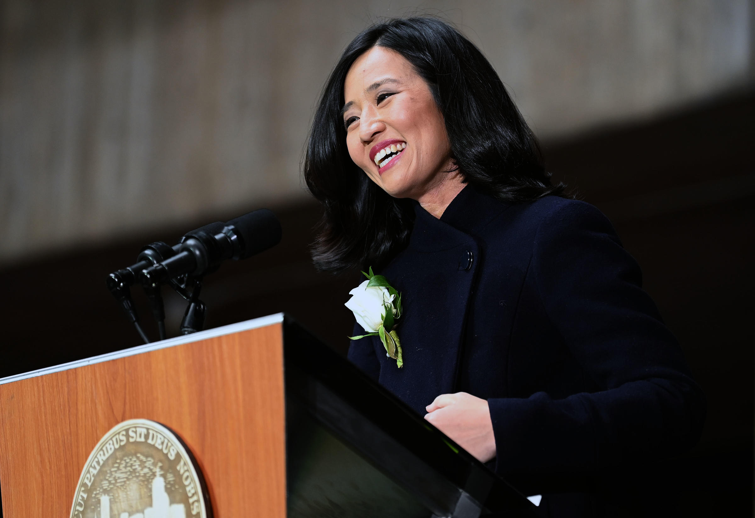 Mayor Wu smiling as she gives inaugural remarks