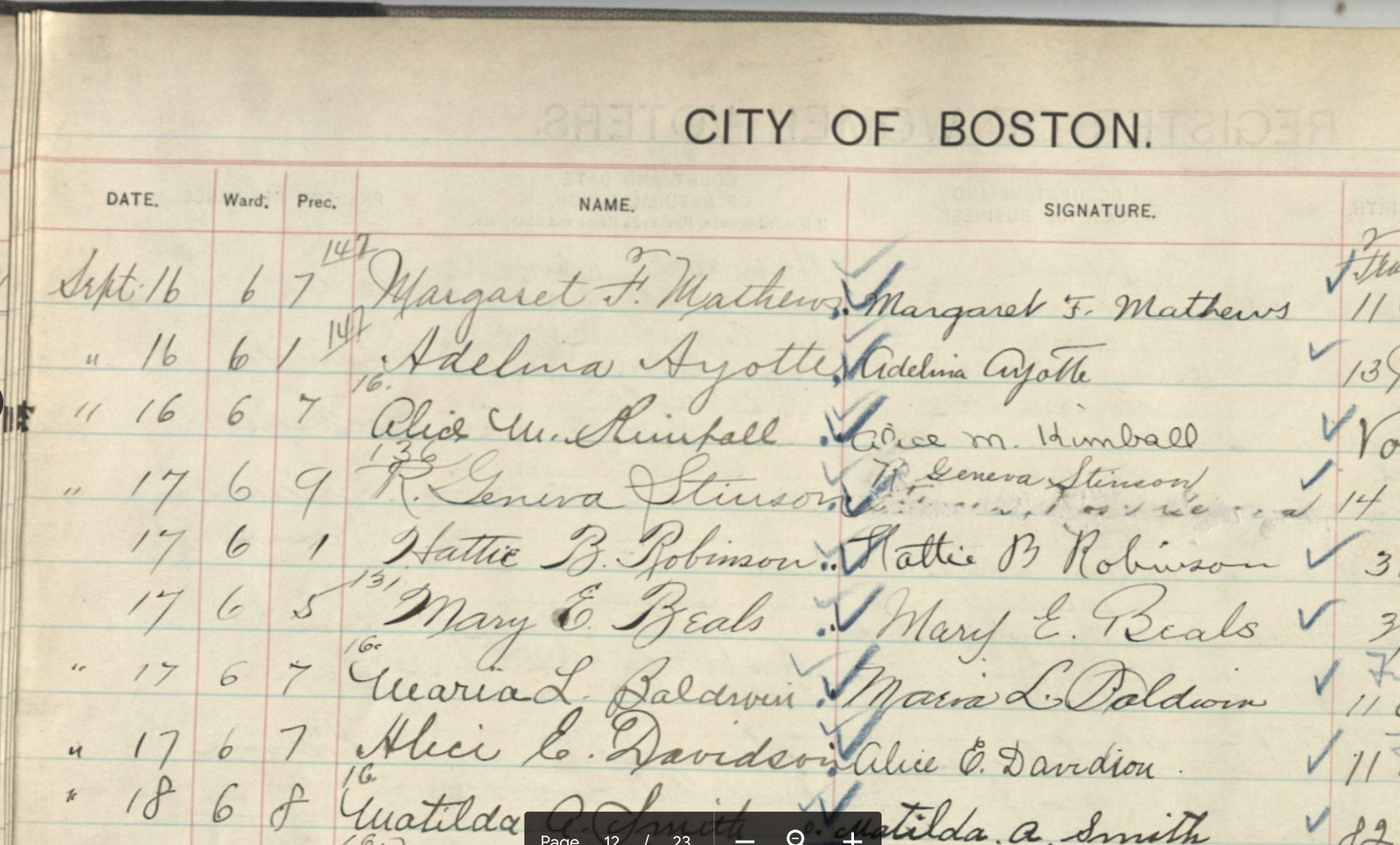 Maria L. Baldwin’s entry is second from the bottom in this voter registration book.