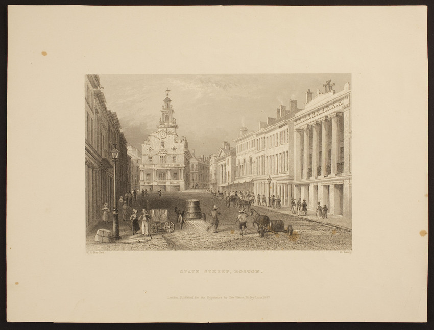 A historic image of State Street, showing the Old State House, horses pulling carts, and people walking on the street.
