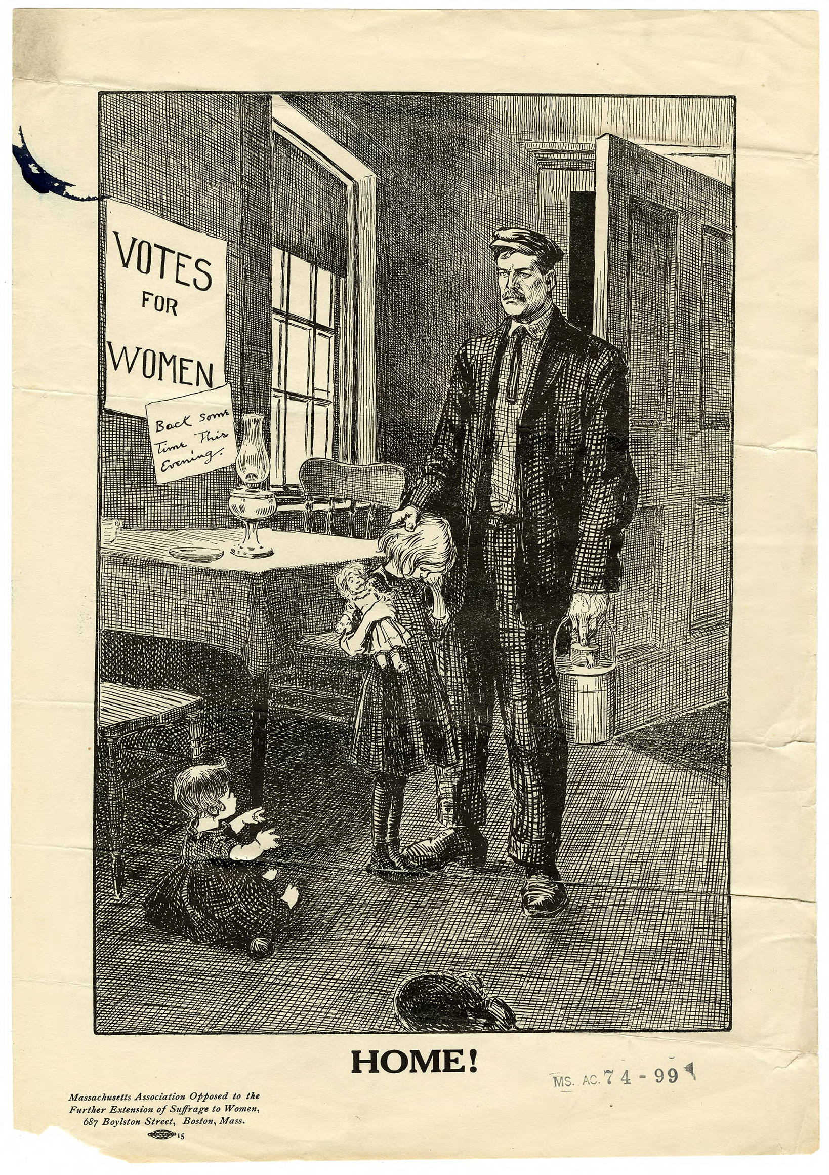 Jilted for the vote? The anti-suffragists predicted the demise of marriage and motherhood if women were given the right to vote. Here, a man returns home to find his two daughters deserted by their mother who is out campaigning for suffrage.