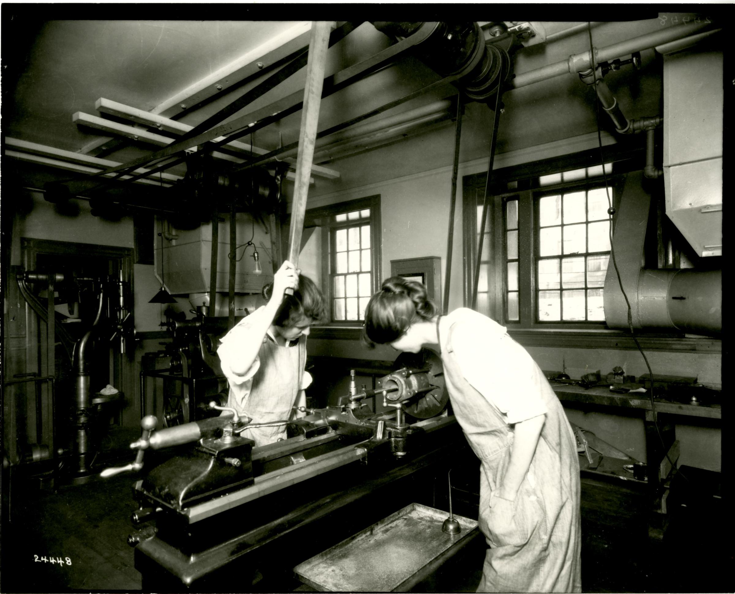 Two female students in woodshop, 1918