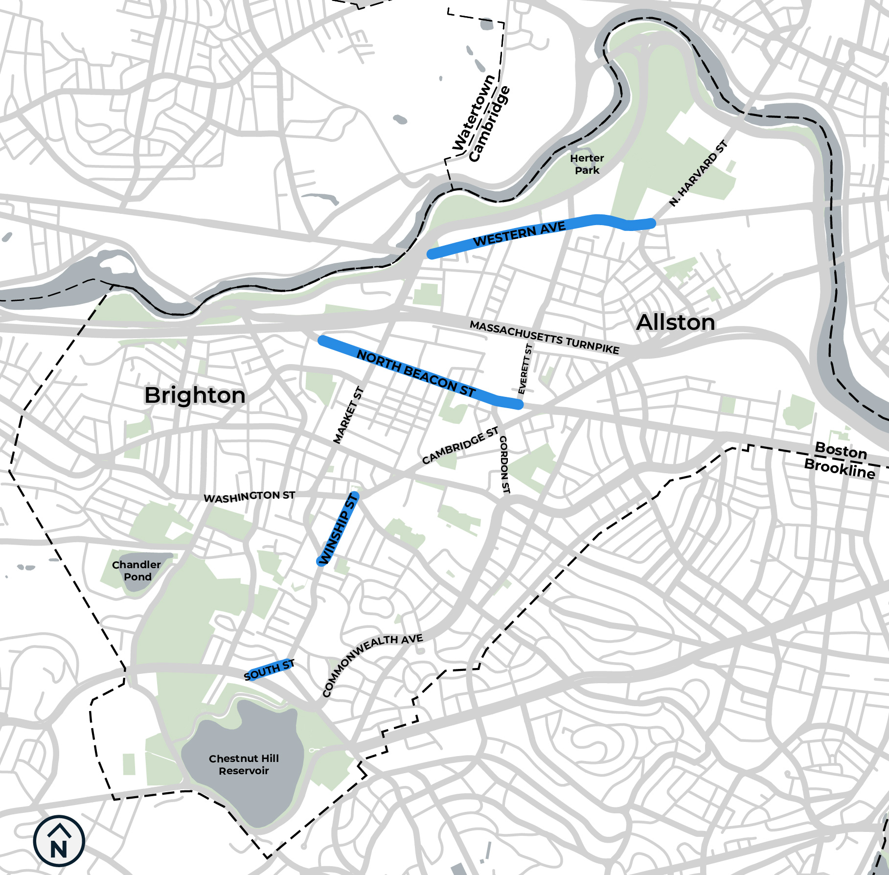 Map showing streets highlighted in Allston-Brighton for better bike lanes
