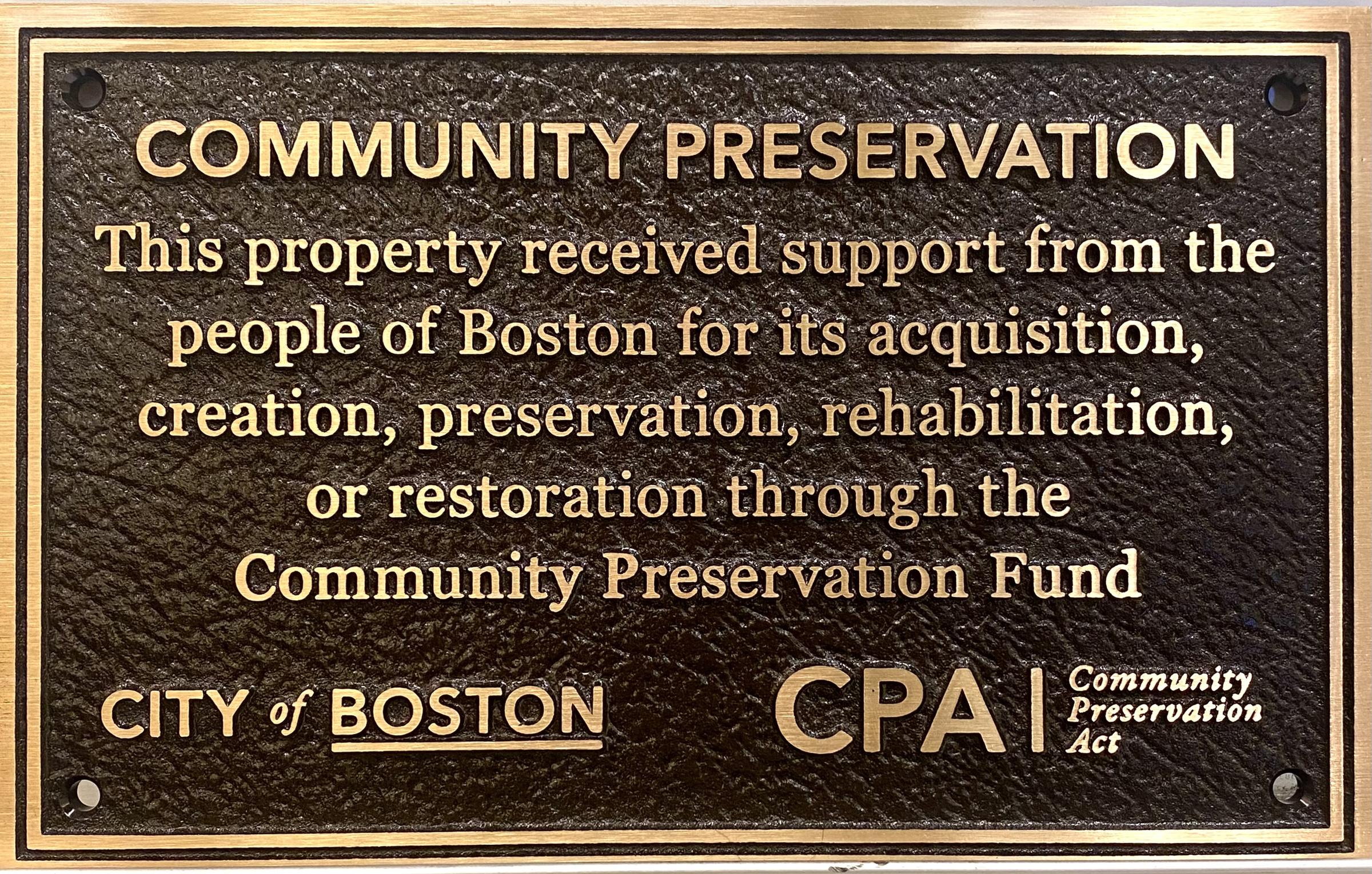 plaque crediting financial support by the City of Boston's Community Preservation Fund or CPA