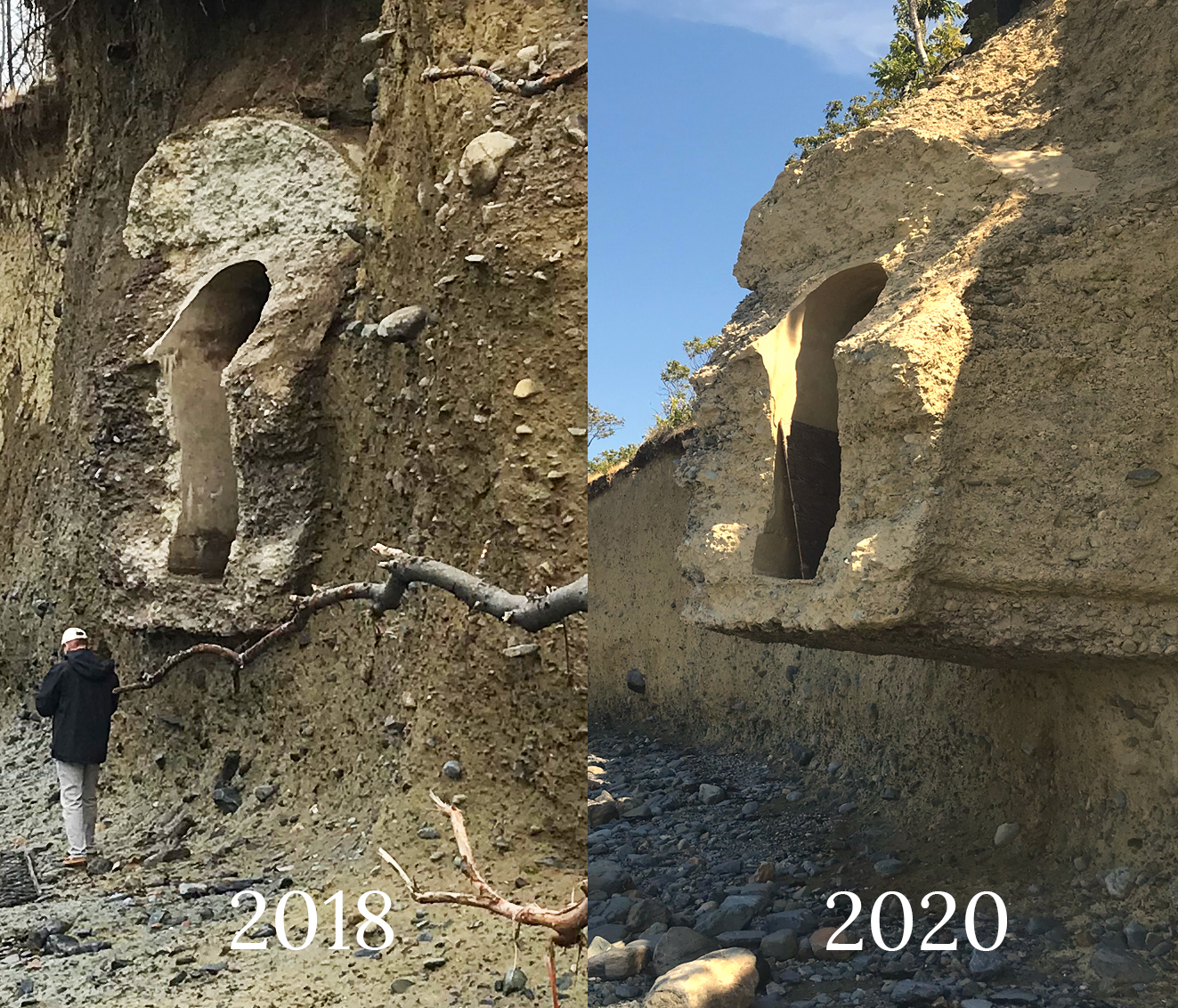 Side by side comparison of a 2018 and 2020 image showing exposure of historic structure on eroded cliff