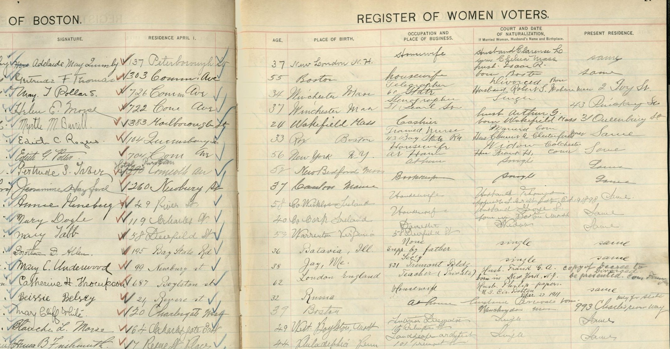 Women's Voter Register showing registration of Blanche L. Morse, Ward 8, Volume 3, Boston City Archives
