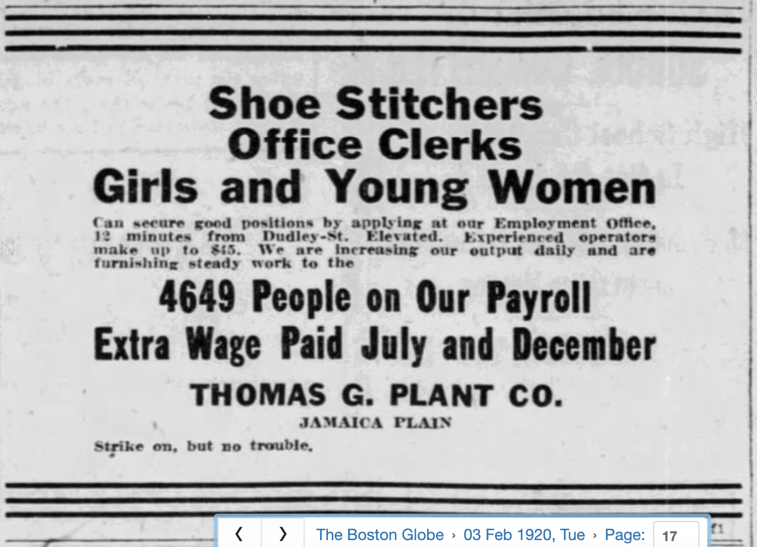 Advertisement for Shoe Workers at the Thomas Plant Show Factory, 1920