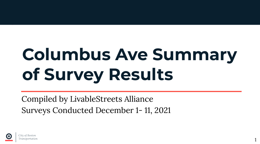 first slide of Columbus Ave summary of Survey Results presentation