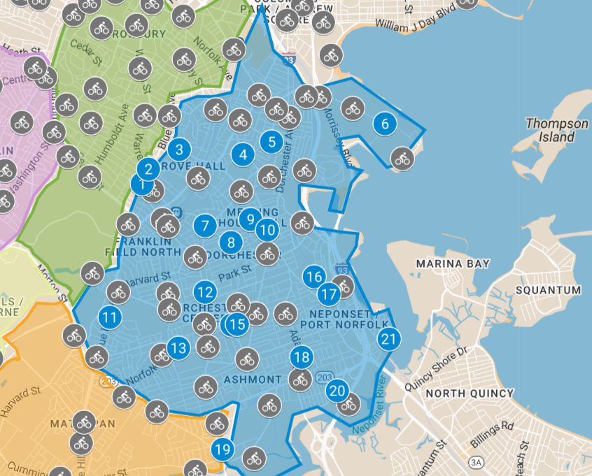 Map of Dorchester. Grey pins show existing stations. Blue pins showed proposed sites for potential new stations. 