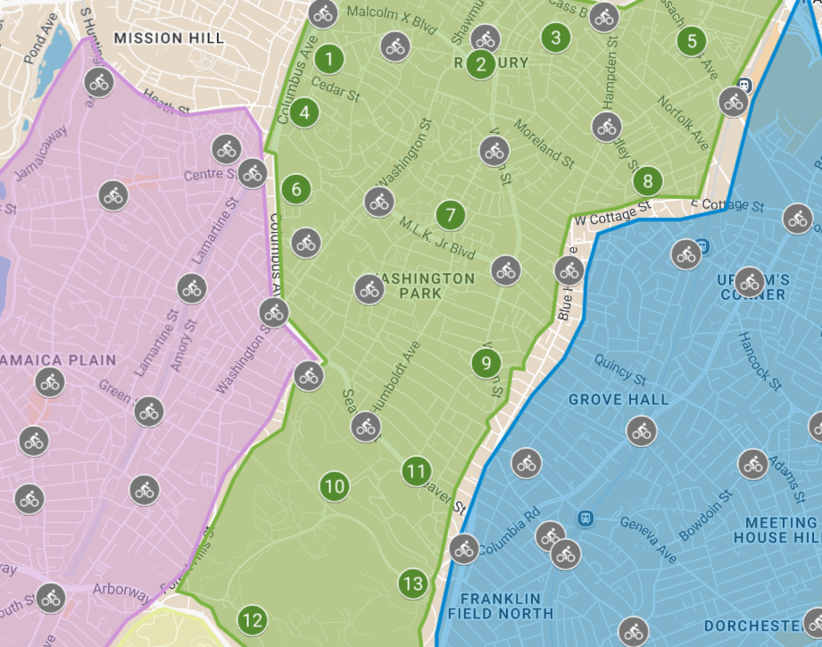 Map of Fenway. Blue pins show potential sites for new stations. Grey pins show existing stations