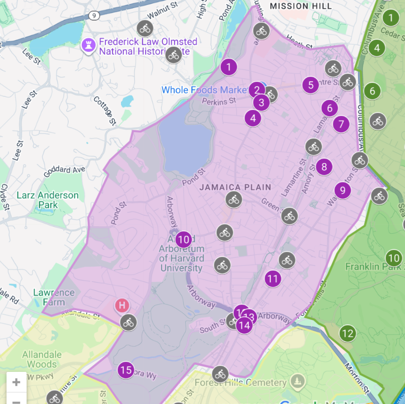 Map of Jamaica Plain. Grey pins are existing stations. Purple pins are proposed sites for potential new stations