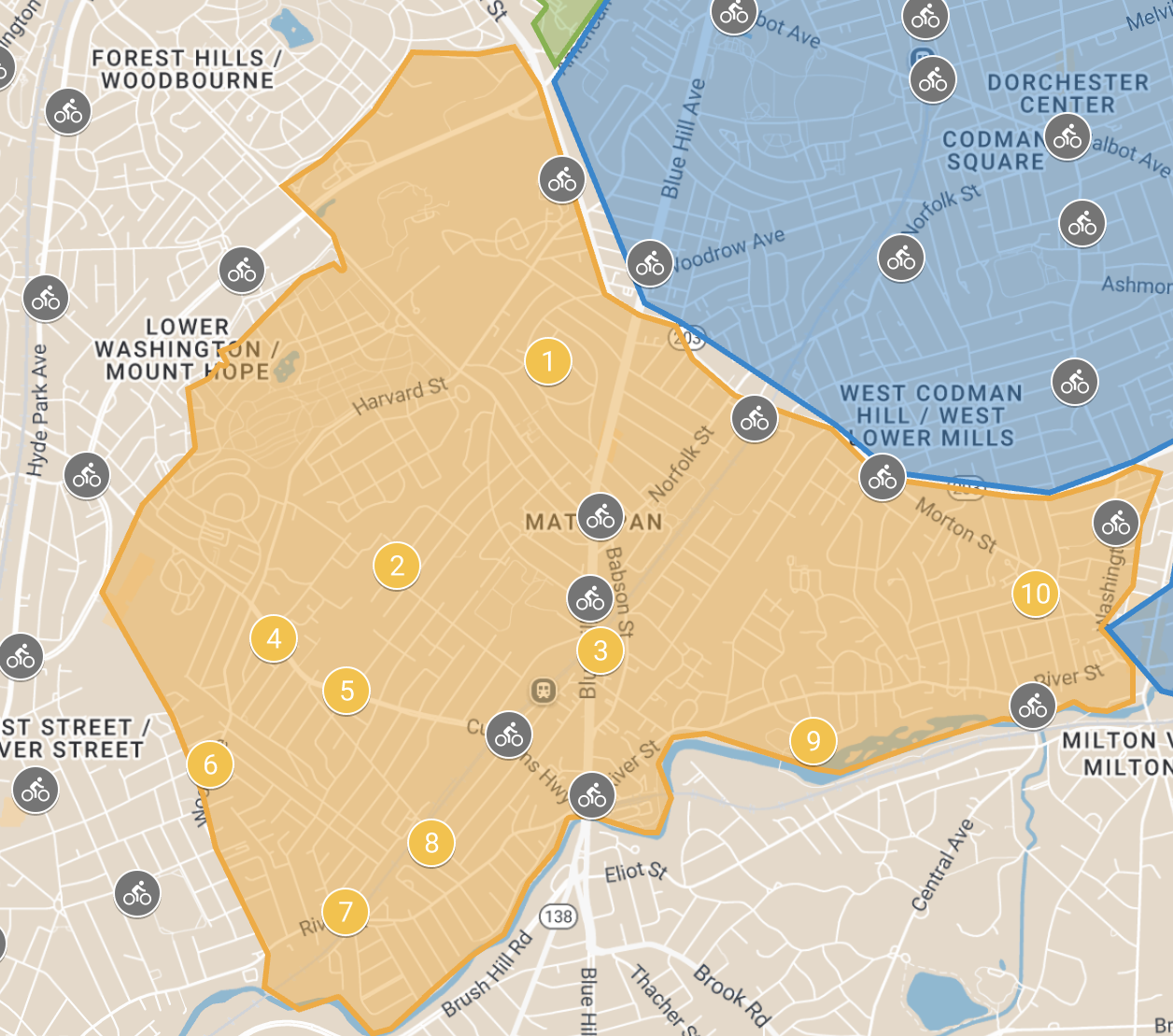 Map of Mattapan showing existing stations with grey pins and proposed sites with orange numbers