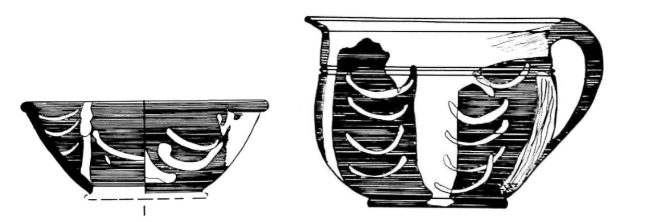 Black and white ink illustration of Charlestown pottery bowl and chamberpot