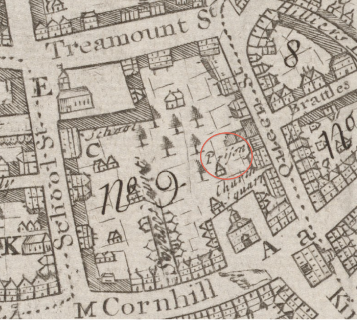 William Price 1743 map with prison indicated in red. 