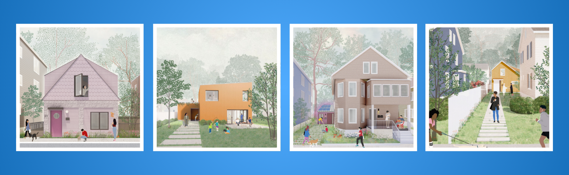 Four illustrations of different ADU options on a blue gradient background.