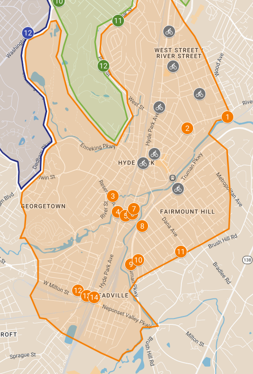 Map showing existing Bluebikes station in grey icons and potential new stations in orange icons