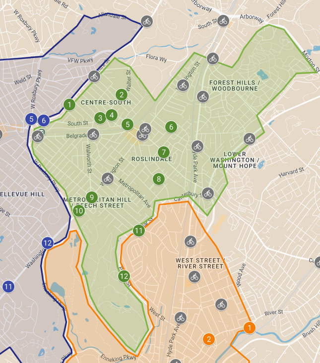Map showing existing stations in grey icons and proposed new stations in green icons