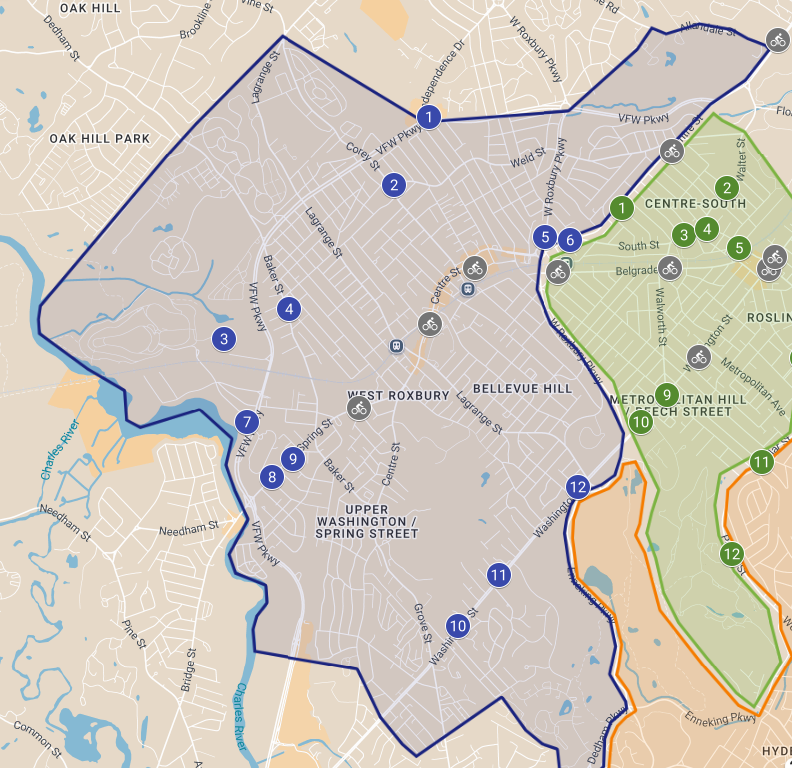 Map of existing and potential new Bluebikes stations in West Roxbury