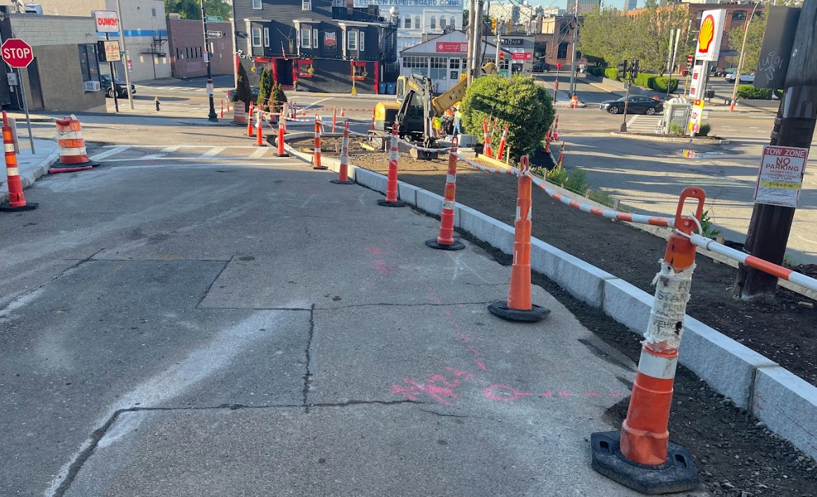 New curb construction in progress on Hadley Street