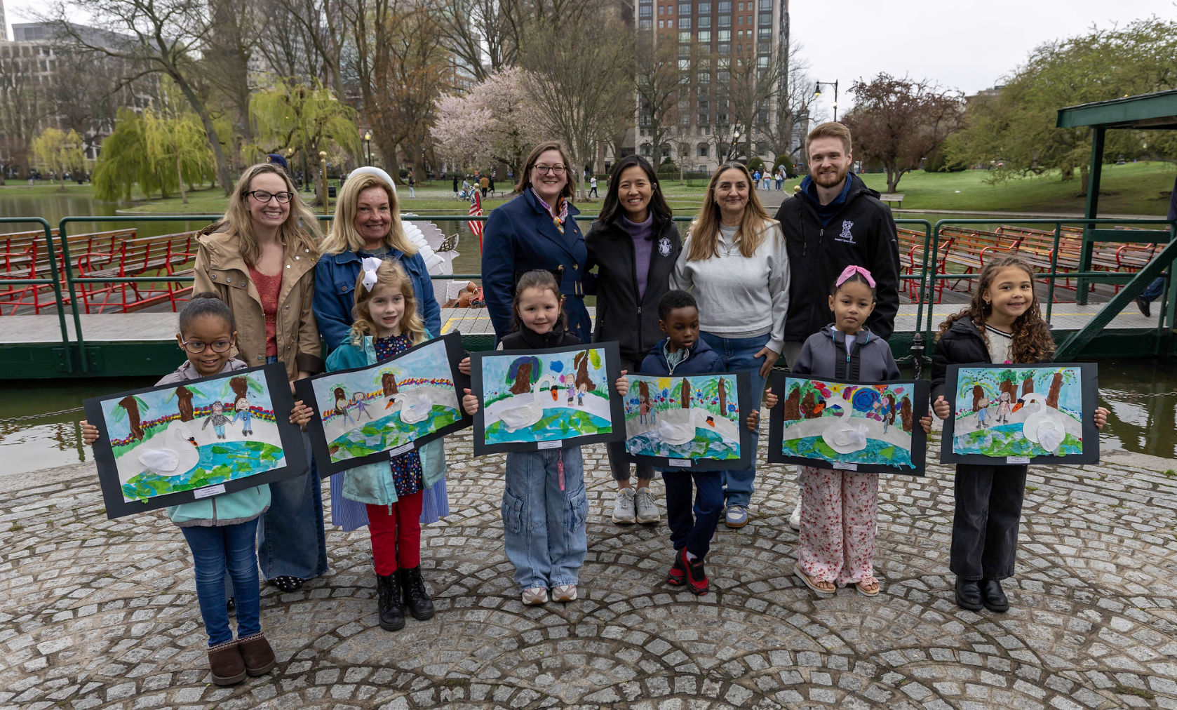Mayor Michelle Wu and Tynan Elementary School students kicked off spring at the Boston Public Garden's Swan Boat opening ceremony. 