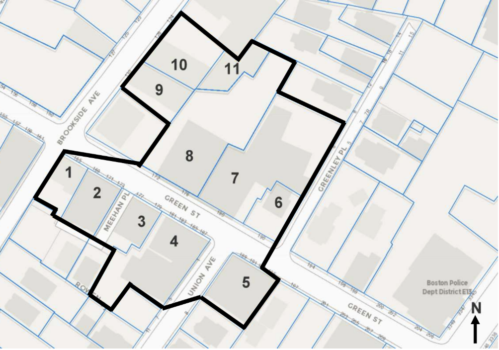 Green Street East Historic District boundary map, keyed to the district’s 11 contributing resources.