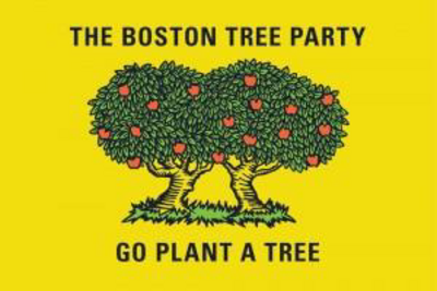 image of a flag with two trees on it that reads "the boston tree party go plant a tree"