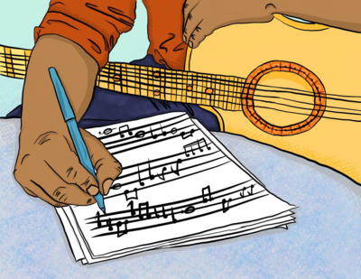 drawing of a hand composing music while holding a guitar