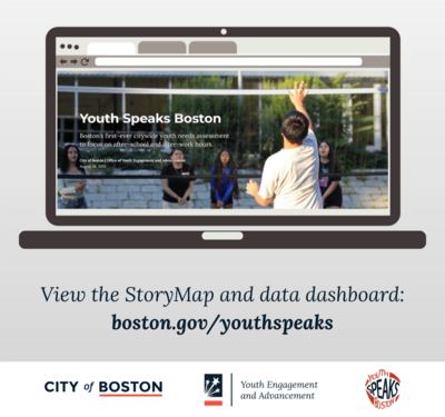 image of a laptop showing the youth speaks boston storymap homepage. text says "view the storymap and data dashboard: boston.gov/youthspeaks."