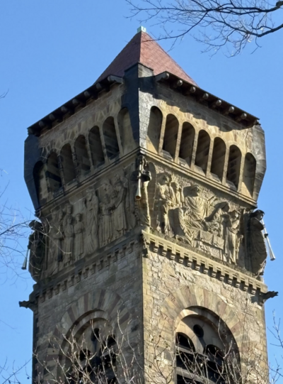 Exterior photograph of the First Baptist Church, church towers