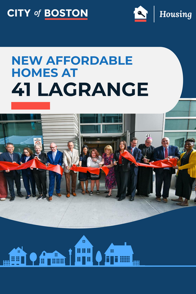 A photo of Mayor Wu and partners cutting the ribbon at 41 Lagrange.