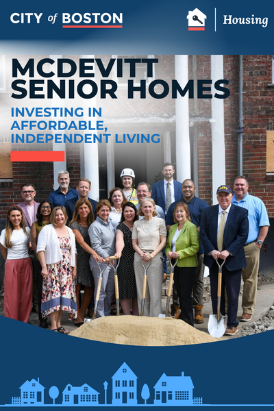 The City, South Boston Neighborhood Development Corporation, Age Strong, and community partners celebrate the start of construction on McDevitt Senior Homes behind a big pile of dirt dotted with shovels.