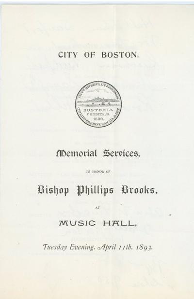 Program for Phillips Brooks Memorial Service, City Council Committee on Celebrations, Collection 0140.013           