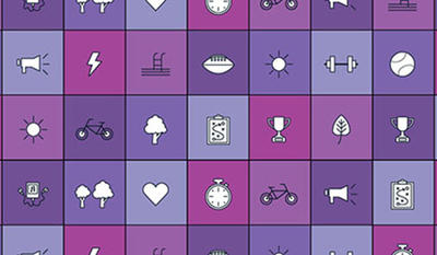 Image shows a patchwork graphic of icons related to fitness, nature, and the outdoors. The graphic is made up of a patchwork of squares, each square a different shade of purple and with a different icon. Icons include a heart, a bike, a sun, trees, and more. 