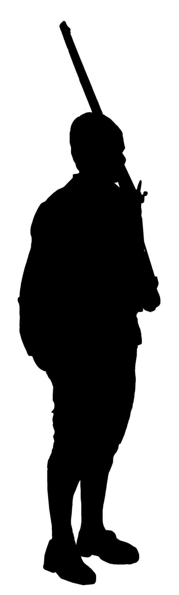 Silhouette of a man in 18th century clothing with a musket leaned against his left shoulder.
