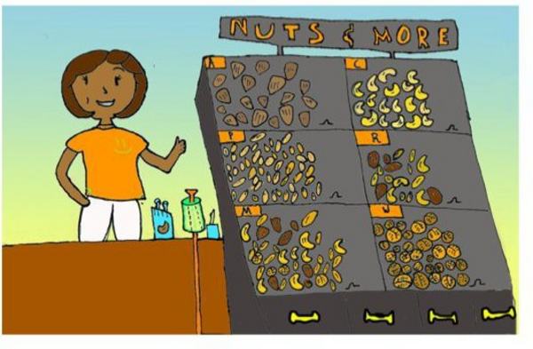 drawing of a woman smiling next to a gallery of nuts labeled "nuts and more"