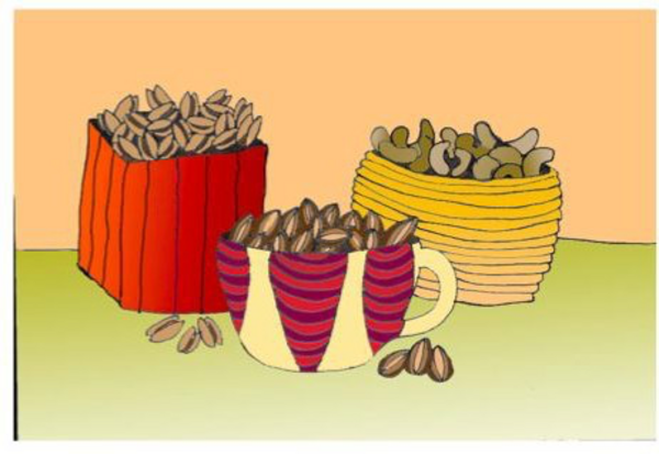 a drawing of three bags of various types of nuts