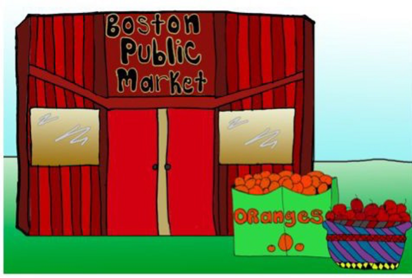 drawing of a building labeled "boston public market" with a container of oranges and another of apples outside