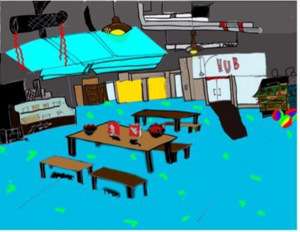 A drawing of a table with benches and food on it. The table is surrounded by stalls