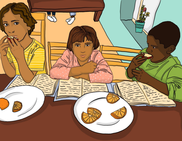 A drawing of a table with benches and food on it. The table is surrounded by stalls