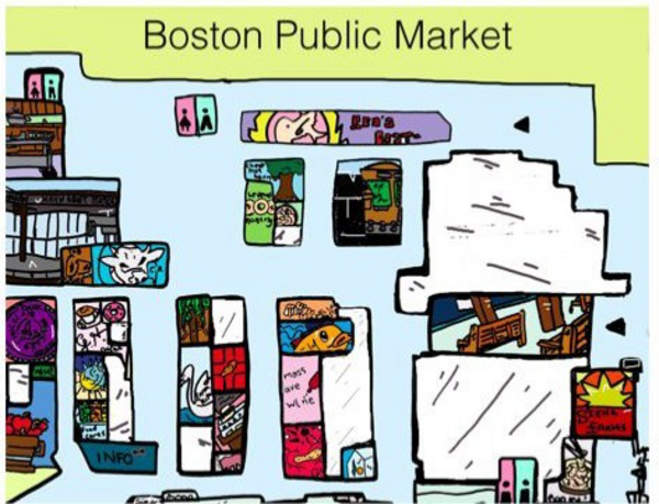 drawing of the different stalls at the boston public market
