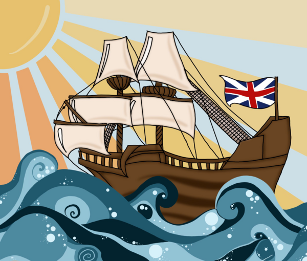 a drawing of a ship with the english flag on the ocean