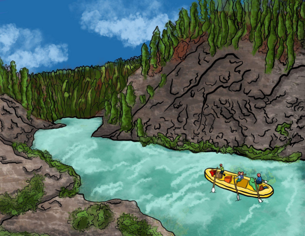 cartoon image of a raft going down a river